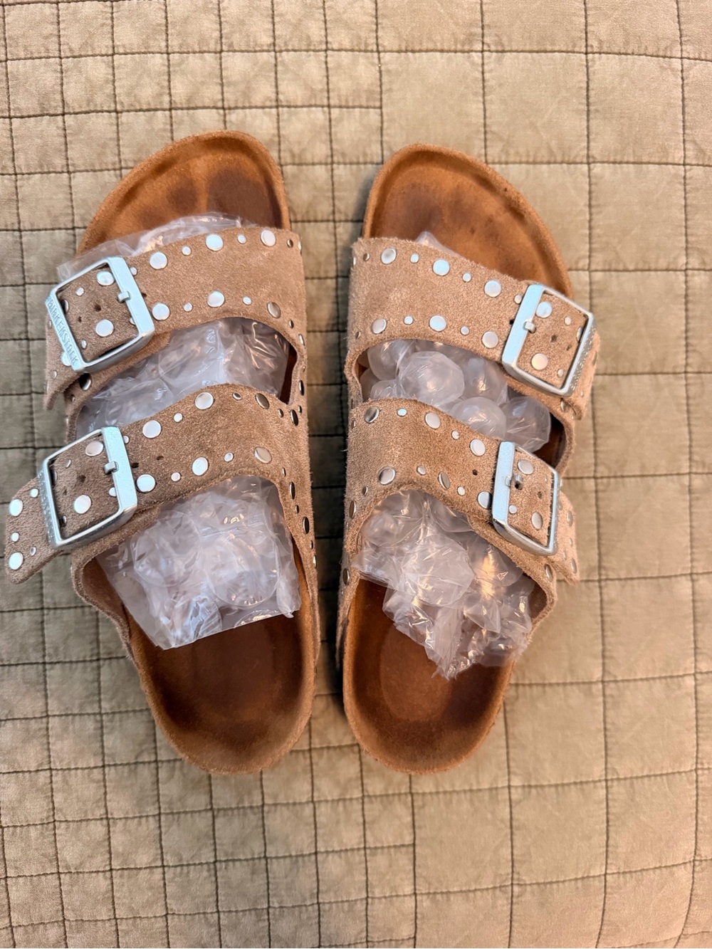 Birkenstock Tan Suede Double-Buckle Studded Sandals